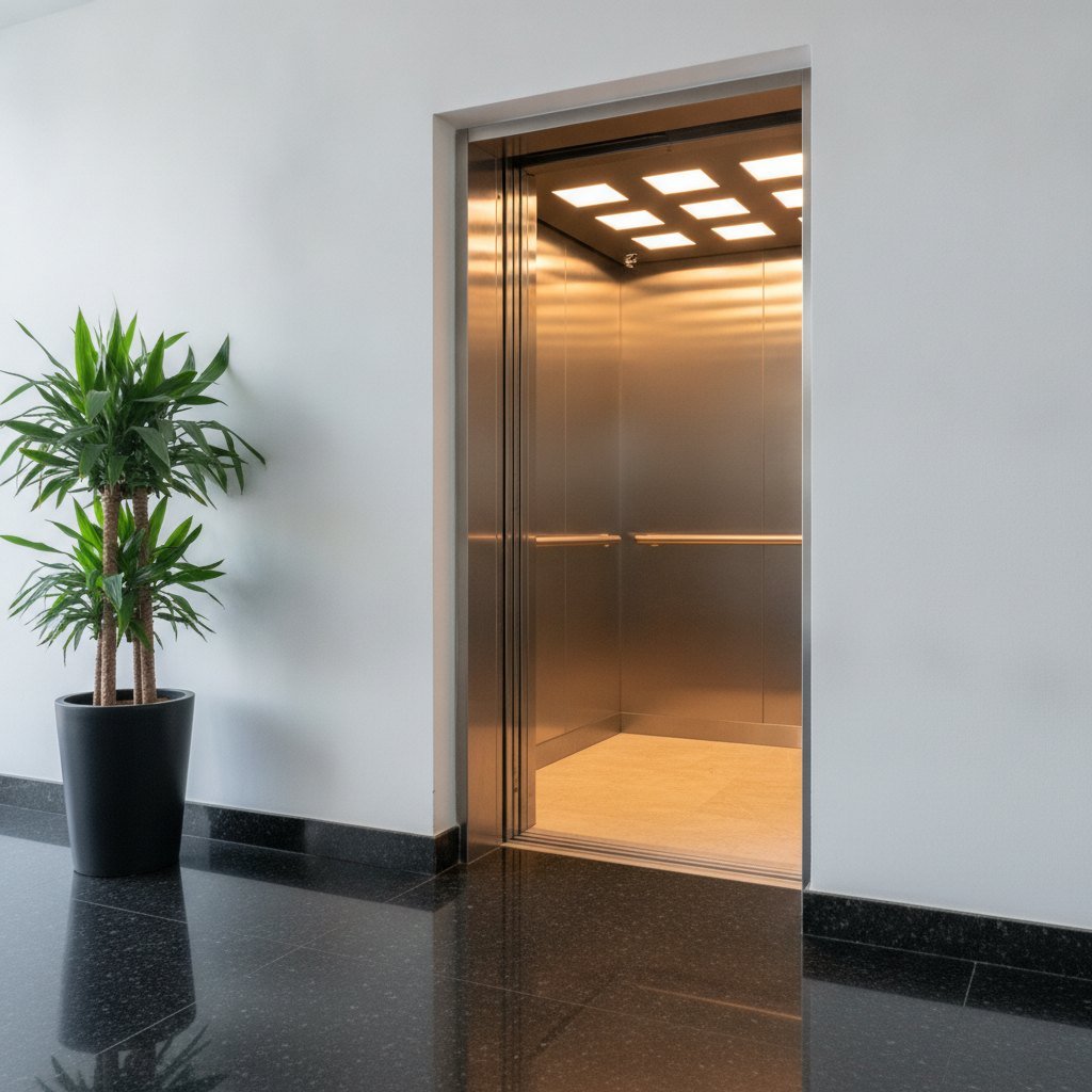 Elevador aberto com cabine em aço inox iluminada, em hall com piso de granito preto