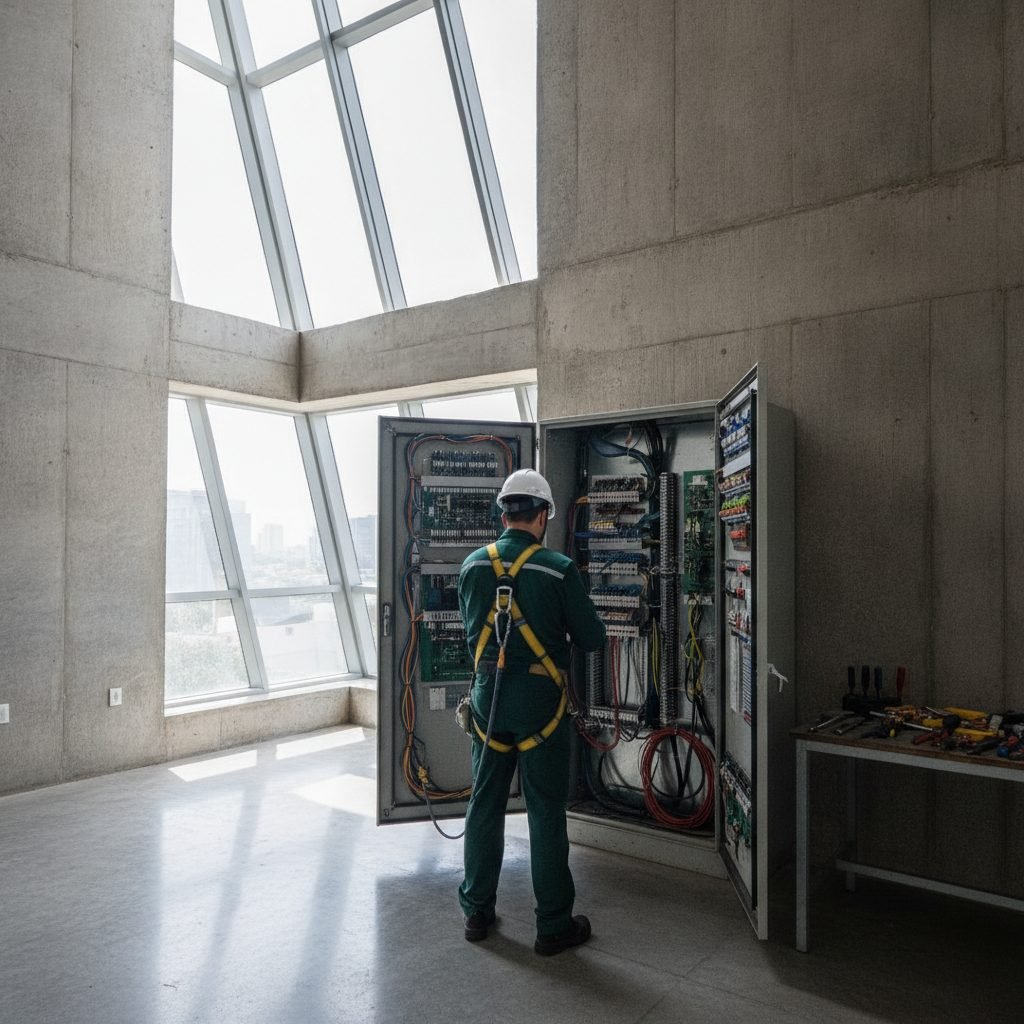 Técnico com equipamento de segurança trabalhando no painel de comando do elevador